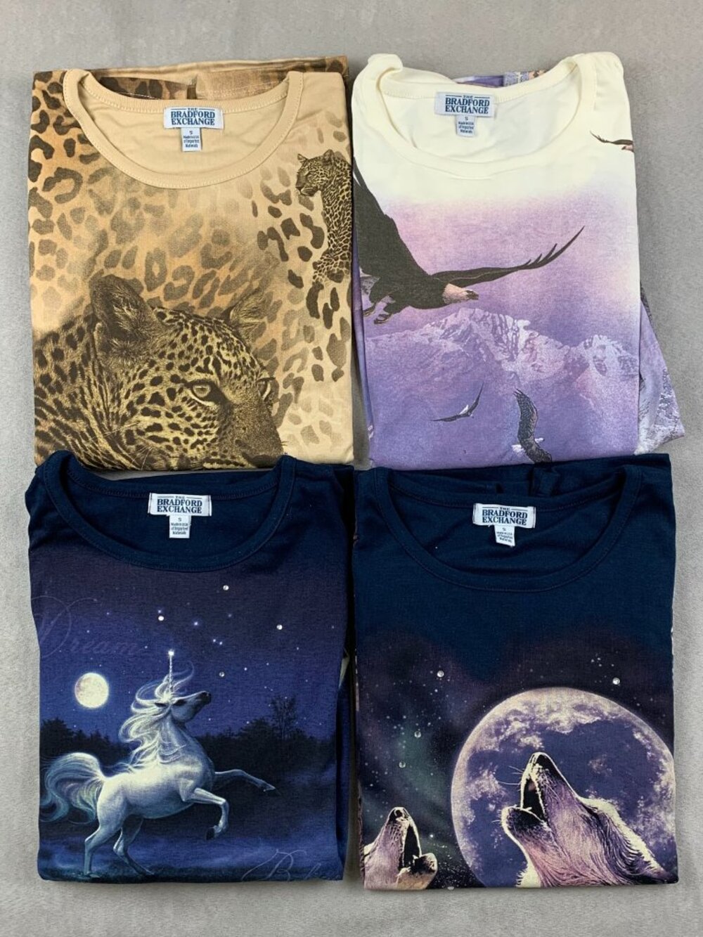 Lot of 4 Bradford Exchange Womens Shirts Small 3/4 Sleeve Leopard Wolves Unicorn